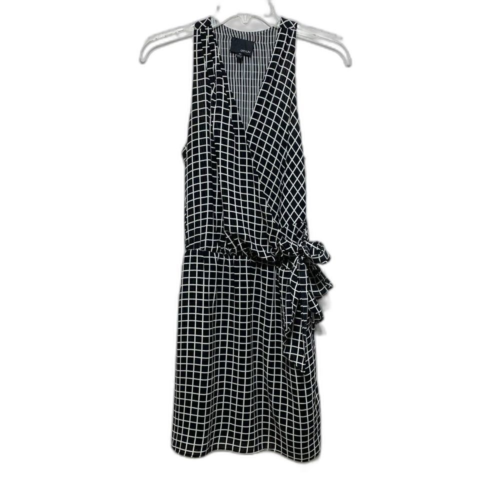 Greylin Black & White Grid Print Tank Top Faux Wrap Style Dress sz XS